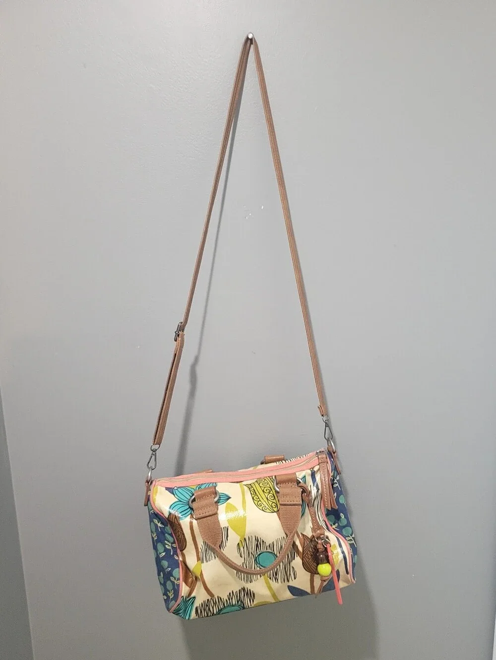 Vintage Fossil-Canvas Floral Coated Zip Shoulder/Crossbody Bag